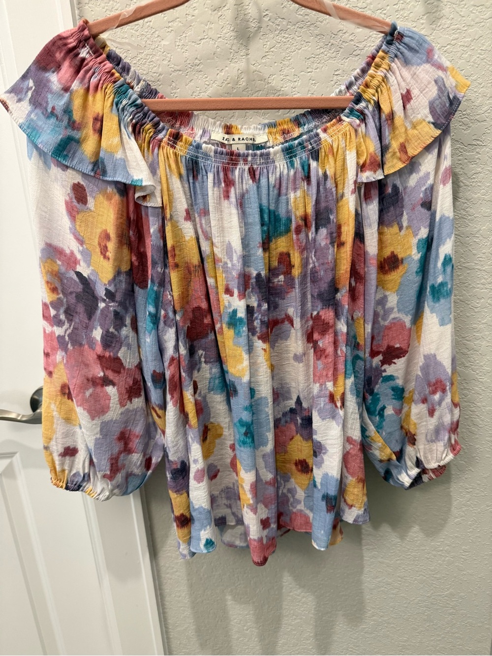 Zac & Rachel Multicolor Floral Off-Shoulder Tunic in Yellow, Teal, Pink, Purple